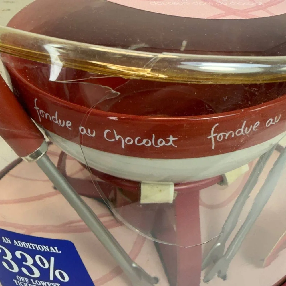 Joie MSC Dipping Desire Chocolate Fondue Set Ceramic Bowl 4 Forks Red White
